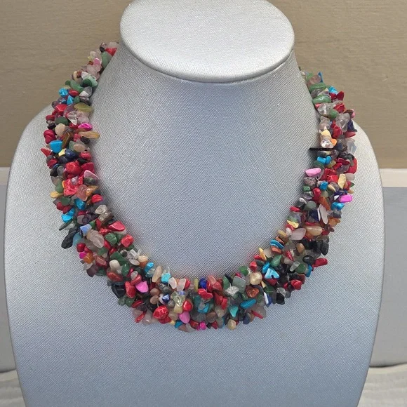 Genuine Mixed Semi Precious Stone Chip Woven Collar Necklace - Picture 3 of 3